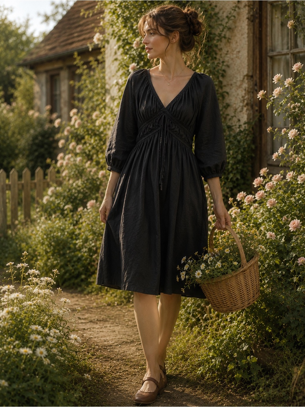 Universal Thread Black Linen Blend Midi Dress Puff Sleeve Cottagecore XS